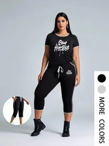 【Plus Size】 Solid Curved Hem Tee & Skinny Capri Pants Set, Casual Short Sleeve T-shirt & Trousers, Women's Two-piece Outfits for Daily Wear, Clothes