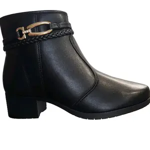 Moleca Women's Black Leather Boot with Gold-Tone Buckle & Braided Detail Round Toe Low Heel Comfortable Fit Walking Shoes