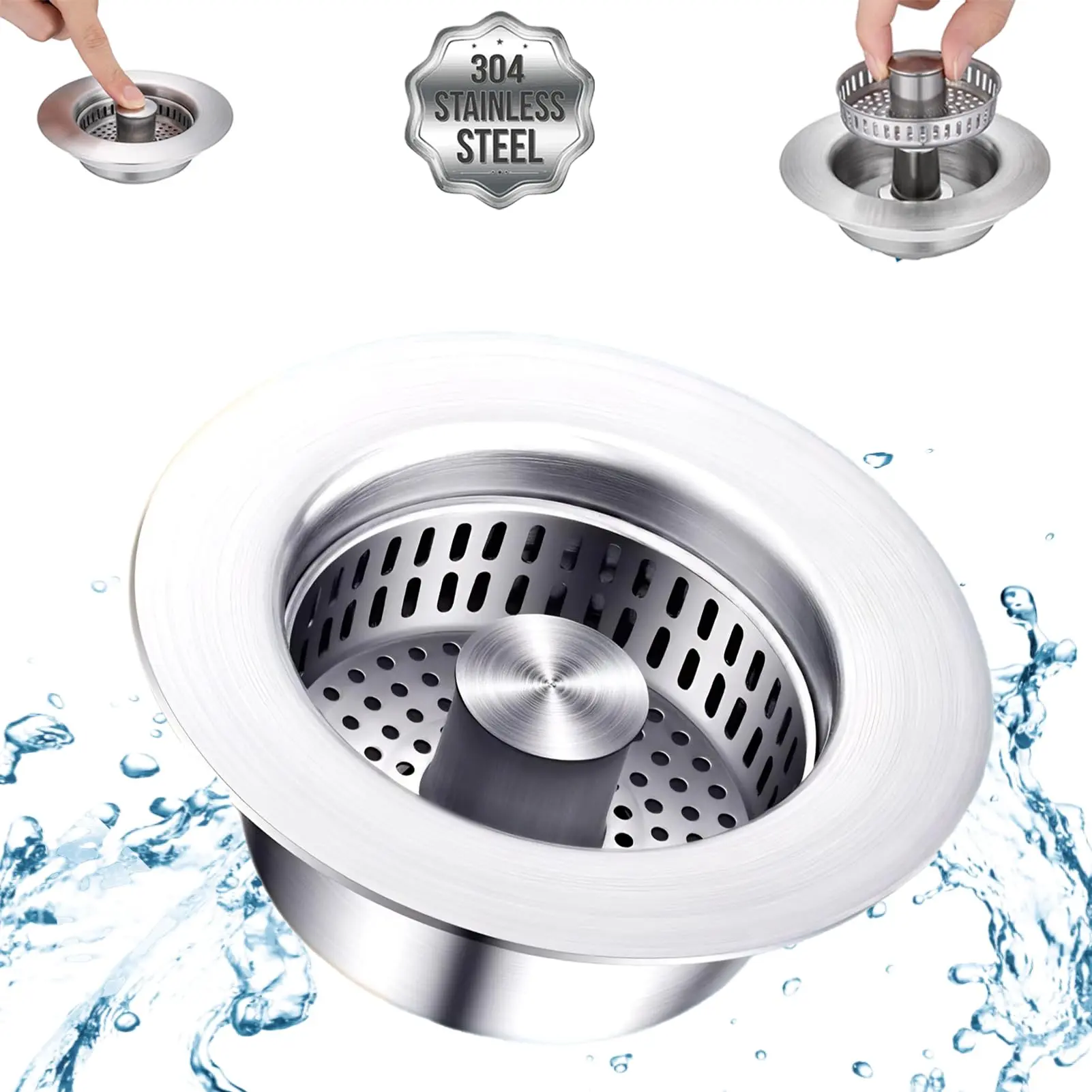 3-in-1 Stainless Steel Kitchen Sink Drain Strainer, Deodorizing Anti-Clog Basket Strainer Plug for 3.5 in US Standard Drains, Us Standard 3-1/2 In Drains
