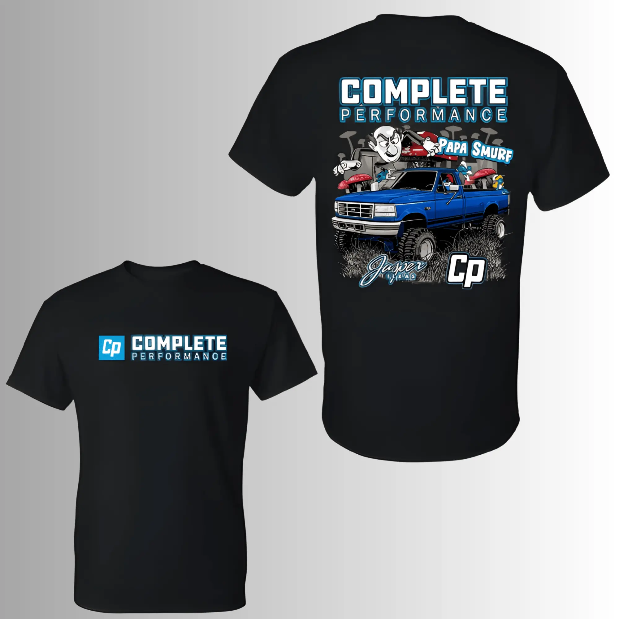Complete Performance Papa Smurf Ford OBS Truck T-Shirt, 2 Sides, Jasper Texas Lifted Truck Graphic Tee
