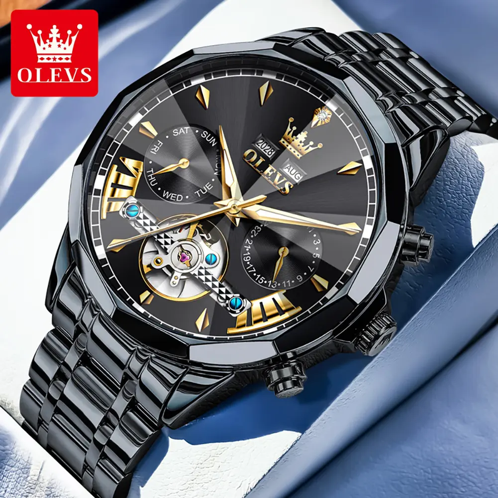 OLEVS Men's Luxury Automatic Mechanical Watch, Green Dial Stainless Steel Analog Wristwatch, Waterproof and Luminous, Analog Mechanical Watch, Stainless Steel Watch