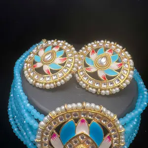 Regal Lotus Enamel Choker Set with Earrings – Blue Beaded Pearl Kundan Jewelry|Hand Painted| Best Seller