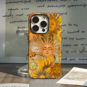 [Magsafe , Tough Case] Vintage Sun & Moon Aesthetic Phone Case – Retro Celestial Art iPhone Case, Golden Boho Sun Face Design, Glossy Protective Cover for iPhone 17 16E 16 15 14 13 12 11