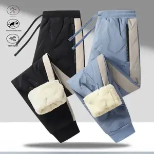 Two tone fleece lined casual pants, practical for everyday wear, fleece design meets warmth needs for autumn and winter, drawstring waist adjustment for convenience, zipper pockets handy for storing small items