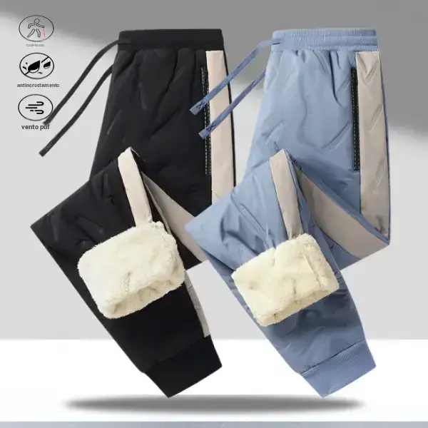 Two tone fleece lined casual pants, practical for everyday wear, fleece design meets warmth needs for autumn and winter, drawstring waist adjustment for convenience, zipper pockets handy for storing small items