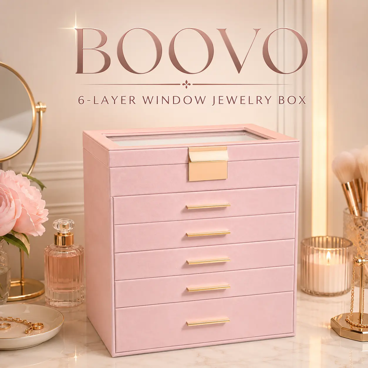BOOVO（Pink）Stylish Women's Jewelry Box - 6-Layer Large Capacity Organizer with Mirror, Anti-Tarnish Lining, Multi-Compartment Holder for Earrings, Rings, Bracelets, Necklaces, Nice Daily Gift for Jewelry for Women