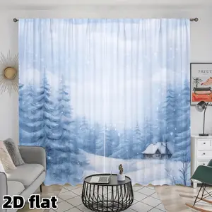 2D Flat 2Pcs Winter Snowfall Forest Curtains, Watercolor Blue Pine Trees Scene, Rod Pocket Style, Semi Sunshade Polyester Fiber, Suitable for Home Living Room Bedroom Balcony Kitchen Study Window Decoration, Accessory, Anti Privacy, Easy to
