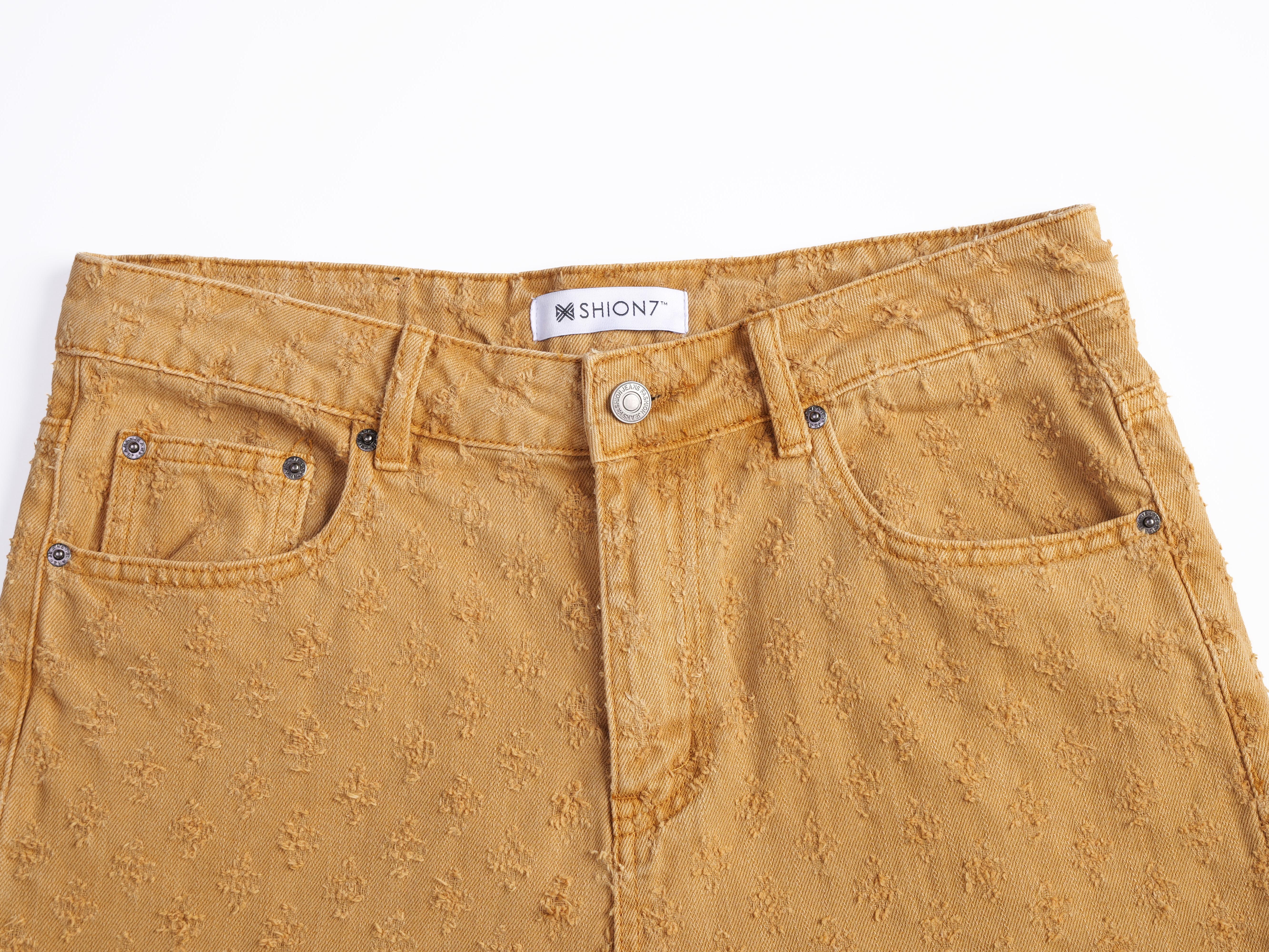 Ripped Wash Beige Jeans Shorts Men, Straight Leg Loosen Fit Knee Length Colored Trousers