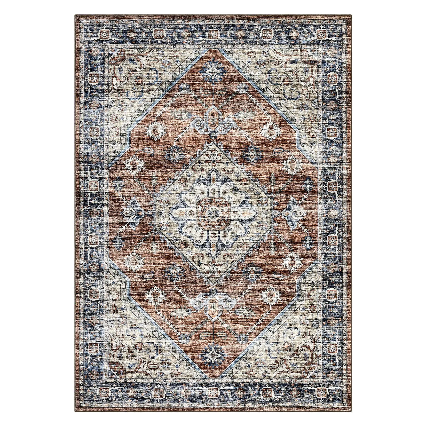 8x10 ft Rectangular Durable Low Pile Grippy Area Rug - Imitation Cashmere Polyester Red Geometric Persian, Machine Washable, Foldable, for Hallway, Bathroom, Durable Area Rugs, Low Pile Rug