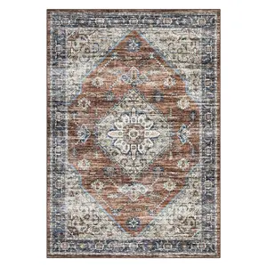 5x7 ft Polyester Imitation Cashmere Red Rectangular Foldable Geometric Persian Area Rug, Low Pile Rugs, Machine Washable, Durable Edges for Hallway & Bathroom, Machine Washable Rug