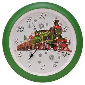 Santa Claus Holiday Train Musical Wall Clock 13-Inch Green Christmas Carols Battery Operated Decor Gift