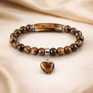 Tiger’s Eye Beaded Bracelet with Rectangular Stone & Heart Pendant | Premium Natural Stone Jewelry, Unisex Timeless Design