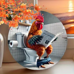 Vintage Metal Sign - 8x8 in Round Cast Iron Funny Rooster on Toilet Plaque, Home Decor for Bathroom Wall Decoration