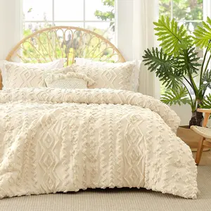 Tufted Boho Comforter Set  Size, 3 count Soft Textured Bed Set, Lightweight Breathable Comforter for  Seasons, Farmhouse Shabby Chic Jacquard Bedding, Cozy  for Women, Beige
