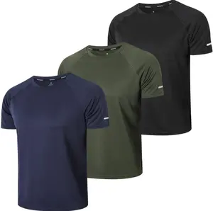 Men's 3 Pack Workout Shirts Quick Drying Moisture Wicking Short Sleeve Mesh Athletic T-Shirts 100% Polyester Crew Neck Raglan Sleeve Reflective Stripes