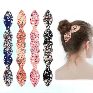 Deft Bun Maker 4 Pcs French Twist Rabbit Ear Bun Twister Flower Flexible Quick Hair Styling Accessories for Women Girls Floral Design