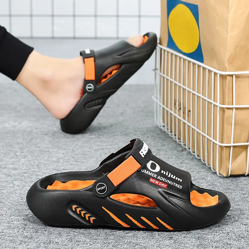 Men’s Adjustable Strap Massage Slides, Non-Slip, Cushioned, Open-Toe Slippers for Indoor & Outdoor