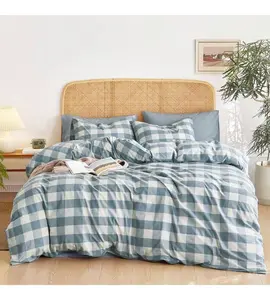 Gingham Cotton Duvet Cover Set, Plaid Buffalo Check, 100 Washed Cotton, 3 Pieces, Greyish Blue White, King Size blue King
