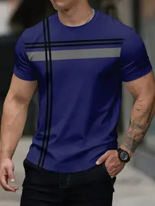 Men's 3D Print T-Shirt, Simple Business Style Geometric Lines Design, Breathable Polyester Fabric, Casual Outdoor Sports Clothing, Gym Shirt, Fitness Workout Shirt