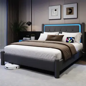 Modern upholstered headboard with LED lighting and multiple light modes.No spring mattress is required.Features wooden slat support.Full size / Gray.