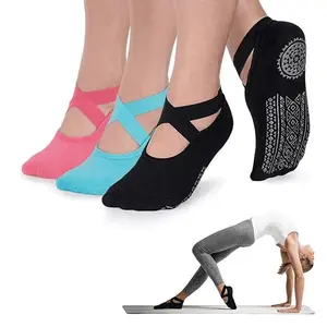 Non-Slip Pilates Yoga Socks for Women Breathable Cotton Gripper Socks with Bandage for Dance Barre Ballet Fitness EU35-42 US4.5-8.5