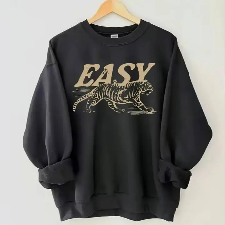 Vintage Easy Tiger Sweatshirt, Vintage Animal Graphic Tiger Tee, Unisex Boho Aesthetic Sweater, Soft Retro Style Top Pullover- Cotton Black Matching