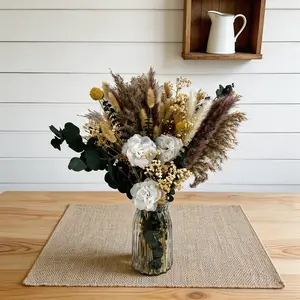 Preserved Dried Flower Bouquet with Glass Vase, Real Pampas Grass & Eucalyptus, No Maintenance