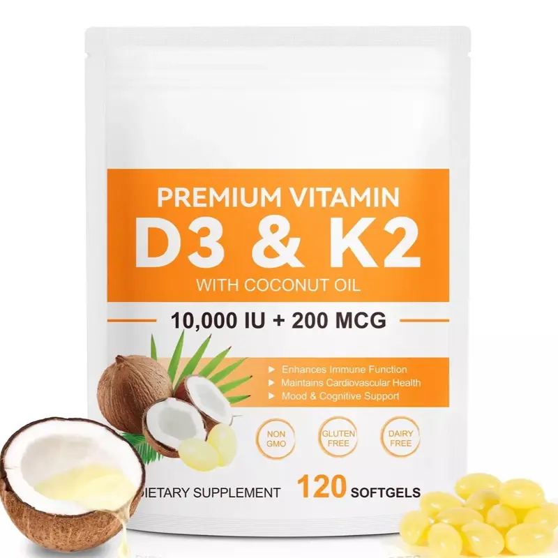 Vitamin D3 K2 Supplement Softgel, Vitamin D3 K2 Softgel with 10000 IU Supports Immune, Heart, Teeth & Bone Health, Free of GMO, Gluten, Soy