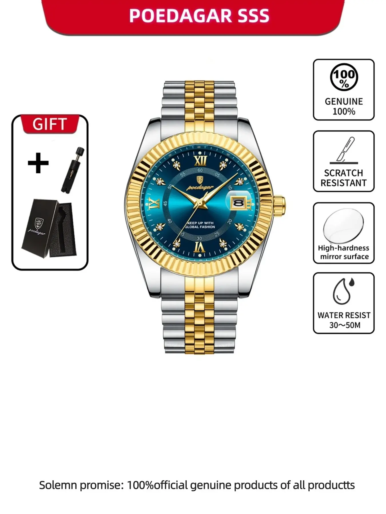 POEDAGAR Men's Quartz Watch Waterproof Date Week Night Light Watch Fashion Quartz Watch Stainless Steel Men's Watch Men's Clock Sport Reloj Quartz Analog Wristwatch