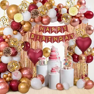 Burgundy Balloons Birthday Decorations for Women Party,Happy Birthday Tissue Tassel Paper,Heart Foil Balloons,Banners and Party Curtains,Princess Girls Birthdays Wedding Party