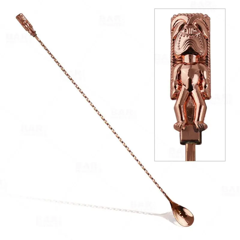 Olea™ Tiki Butt Ku Copper-Plated Stainless Steel Long Handle Twisted Stem Bartending Bar Spoon - 40 cm, Weighted Tip, Non-Dishwasher Safe, Fun Tropical Vibe Cocktail Stirring Utensil, Detailed Lines
