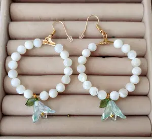 Lily of the Valley Flower Dangle Hoop Earrings - Delicate Botanical Jewelry for Nature Lovers 40mm Round Hoops Hypoallergenic Gold-Plated Iron with Acrylic Flowers & Mother of Pearl Beads earring woman
