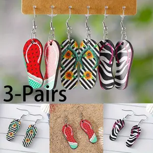 3 Pairs Bohemian Stripes Sun Flower Watermelon Zebra Print Slippers Pendant Earrings Set Summer Ocean Style Handmade Wooden Double-sided Earrings Vacation Travel Beach Earrings Jewelry Set