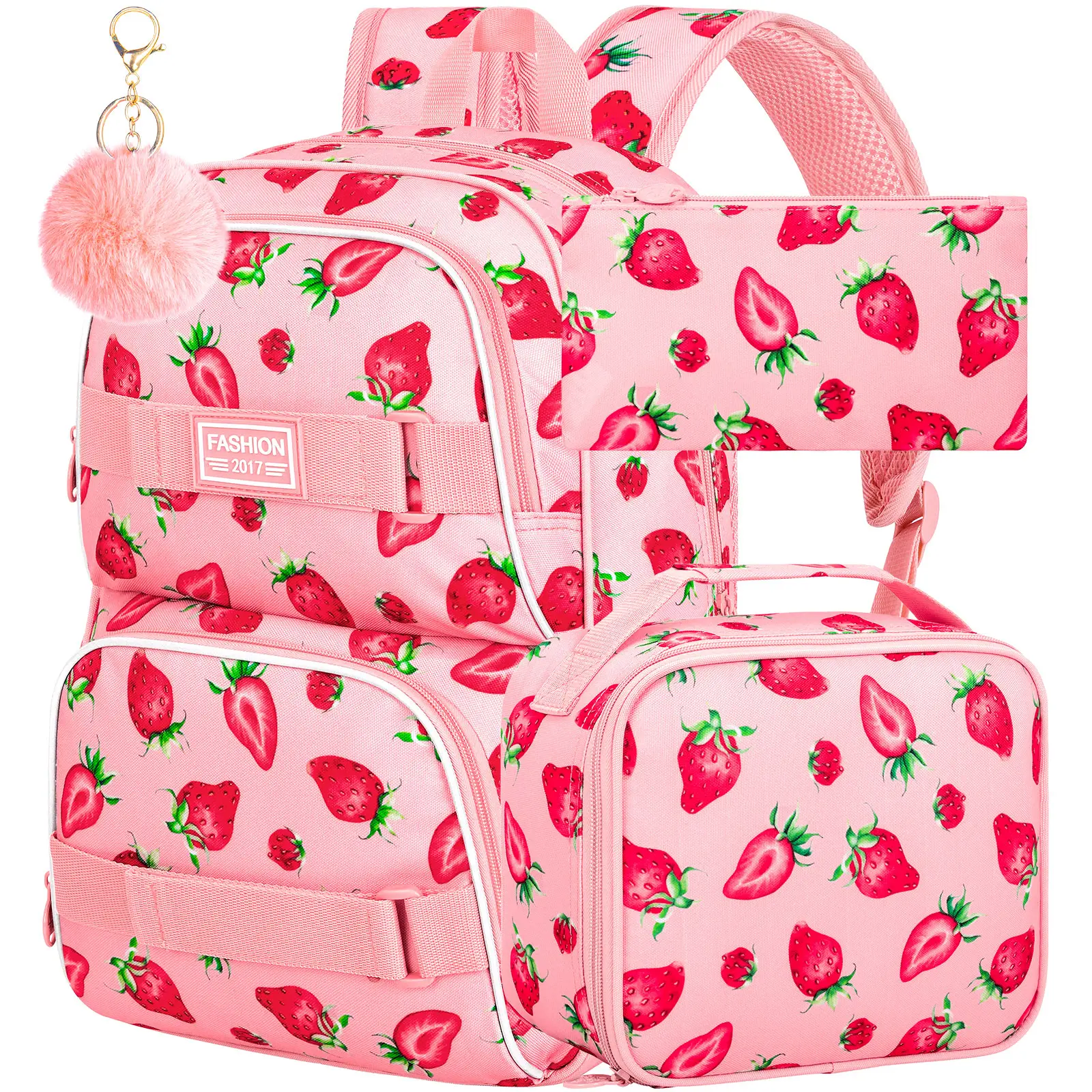 3Pcs Girls Backpack, 17 Inches Strawberry School Bookbag Set for Teens College Students, Laptop Backpacks with Lunch Box (Pink)