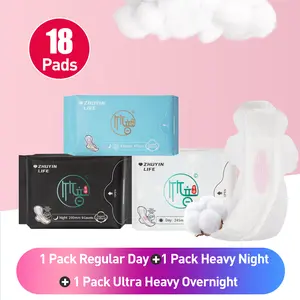 3 Packs/18 Pads Zhuyin Life Sanitary Napink for Day & Night & Ultra Long Menstrual Pads, Unscented, for Different Flow Feminine Pads Bundle