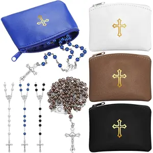 8-Piece Rosary Bag Set with Catholic Rosary Necklace Set for Women PU Leather Holder with Zipper and Gold Cross Stamp Box Portable Travel Religious Bag