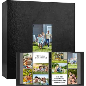 1000 Pocket Photo Album 4x6 Leather Cover, Extra Large Capacity Holds 1000 Horizontal and Vertical Photos, Acid Free Non Stick Pages with Front Window, Perfect for Wedding Family Baby Memories, Black