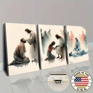 3pcs inset wood framed canvas paintings Easter Gallery Jesus Miracle Watercolor Miracle Simple Jesus Art Miracle Gospel Printing Jesus Retro Mural Decoration aesthetic room decor