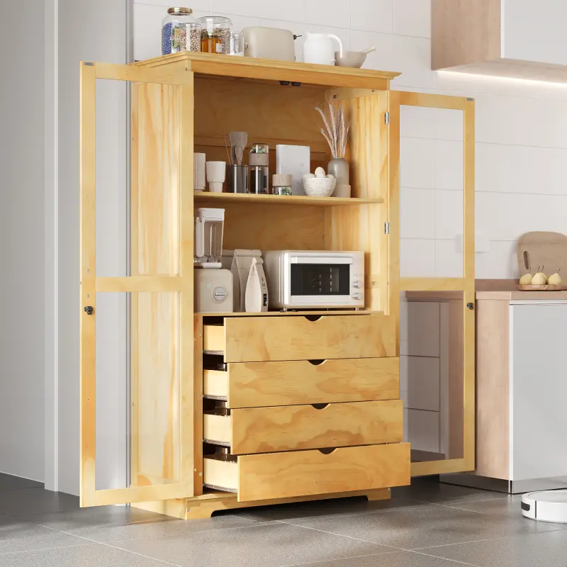 75" Tall Kitchen Pantry Storage Cabinet with Doors and Shelves, Wood Farmhouse Tall China Hutch Storage Cabinet with Glass Doors and Drawers for Living Room, Home, Office, Freestanding,44.7x20x75inch