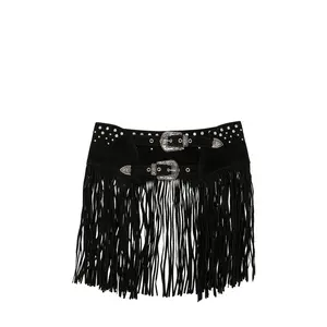 Understated Leather Fringe Studded Belt in Black