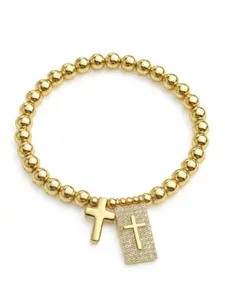Vintage Gold Beaded Stretch Bracelet Creative Cross Heart Dual Design Minimalist Personality Niche Fashion Hand Jewelry