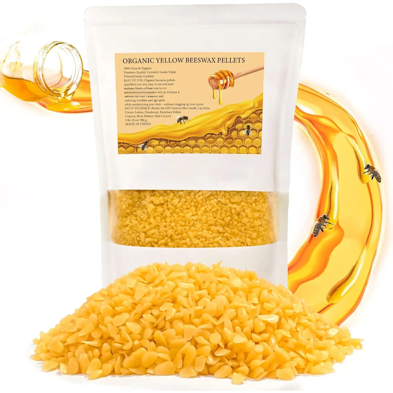 Beeswax Pellets 2LB(32 oz),  Yellow Bees Wax for DIY Candles, Beeswax for Candle Making, , , , and Hair Care, , DIY , Lip Balm and Soap Making Supplies