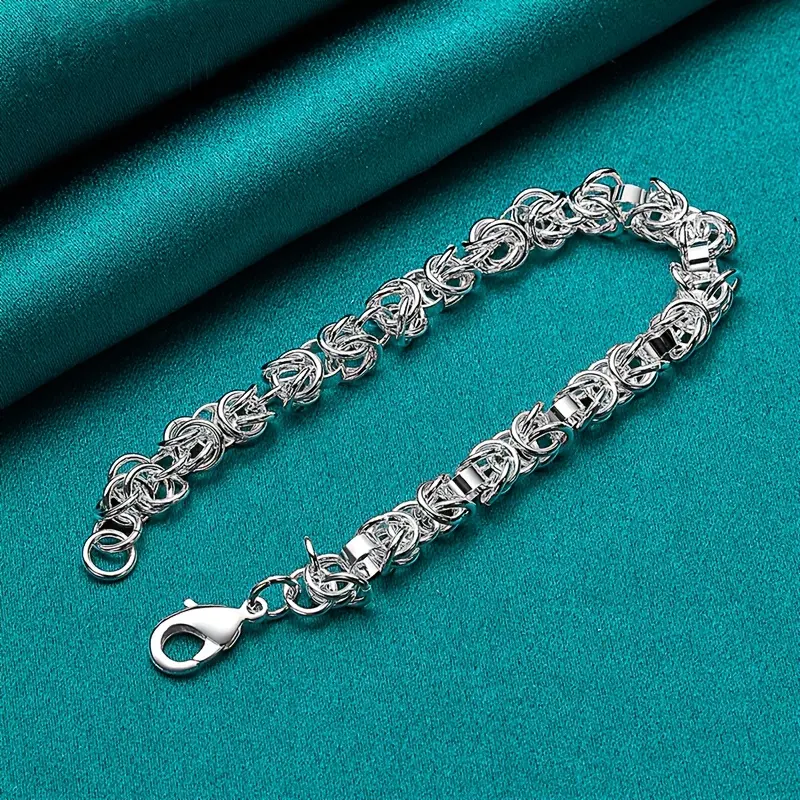 Women's 925 Sterling Silver Bracelet-Bangle, Vintage Bohemian Style with Pendants and Safety Buckle, Fashion Jewelry for Party Wear or Gifting, Female