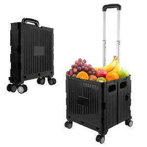 LUIISIS Folding Utility Cart, Portable Rolling Crate Handcart Shopping Trolley Collapsible Tool Box, Rolling Cart for Teachers with Lid, Basket on 4 Rotate Wheels, for Shopping, Office, Storage