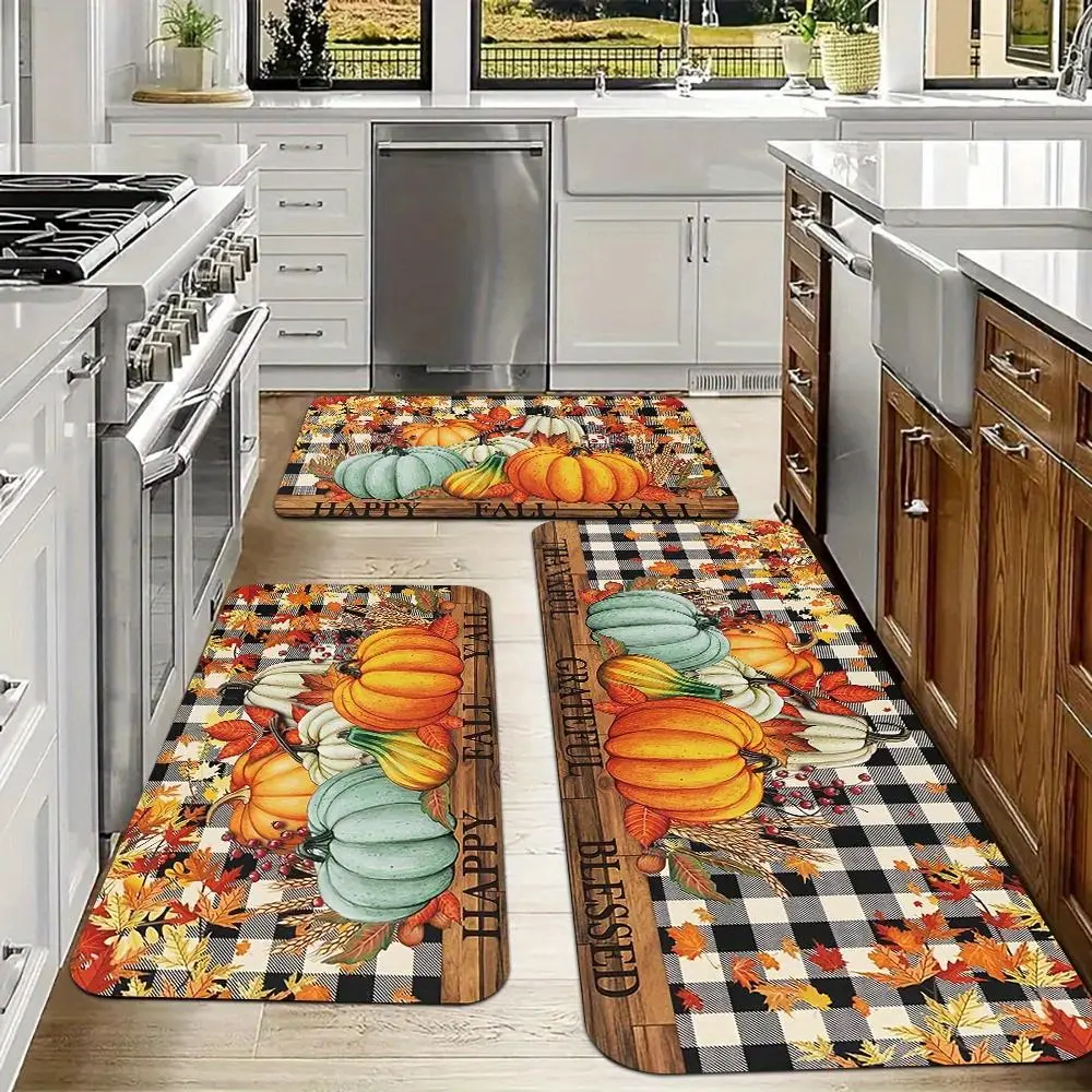 2/3pcs, The Feeling of Autumn, The Season of Harvest, Warm Home Kitchen Mat: Maple Leaf, Pumpkin Design, Checkered Pattern, Soft and Comfortable, Machine Washable, Suitable for Kitchen, Bathroom, Bedroom, Living Room and Dining Room,Thick,Non-Slip,Fluffy,