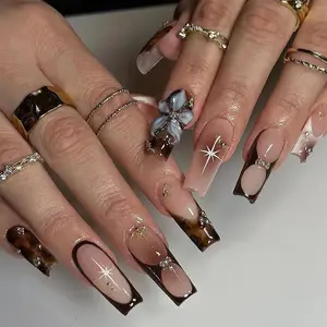 Brown French Tip Press on Nails Medium Square Fake Nails with Rhinestones Designs Cute 3D Floral False Nails Reusable Glossy Leopard Print Coffin Glue on Nails for Women 24Pcs