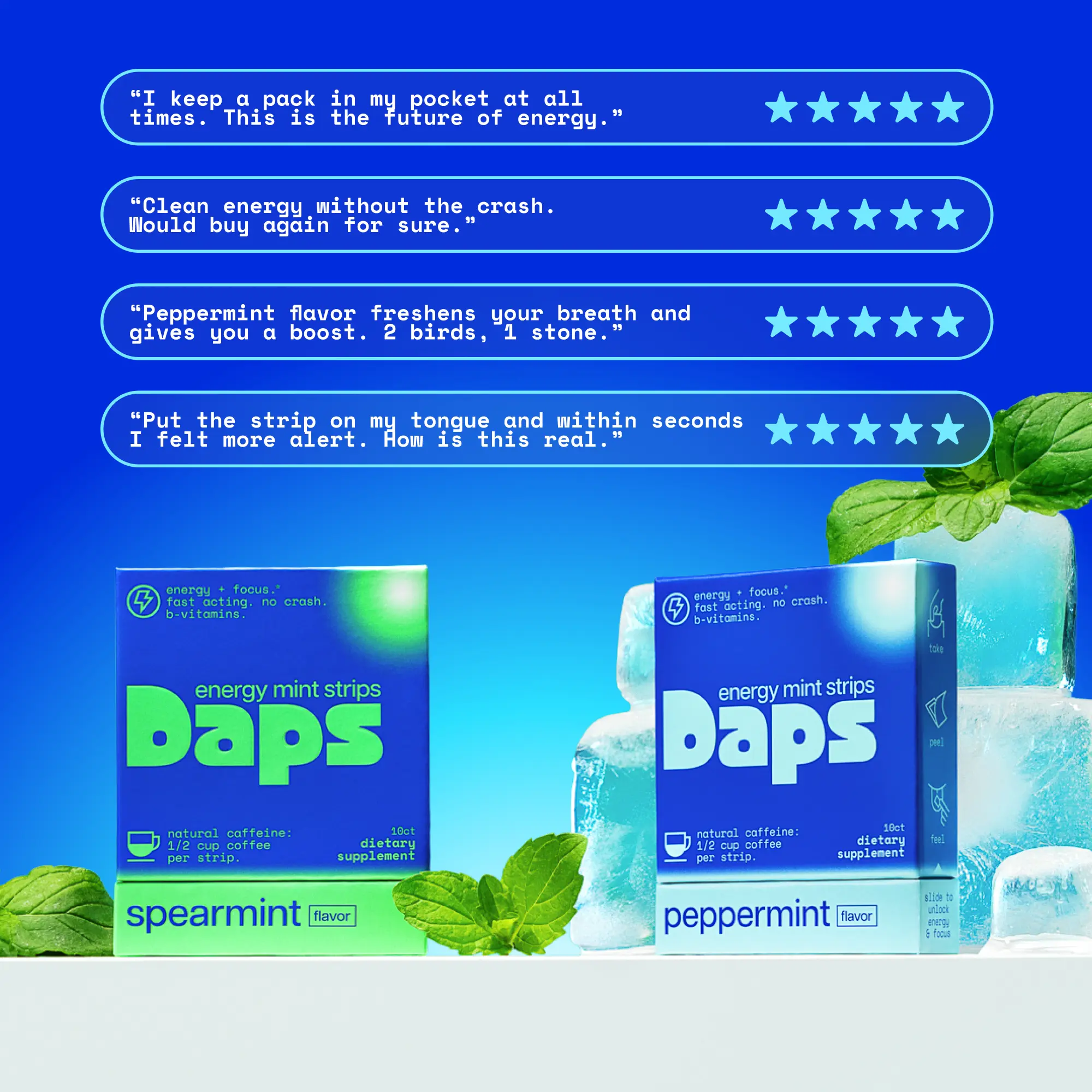 Daps Energy & Focus Caffeine Mint Strips - Energy Boost Sticks