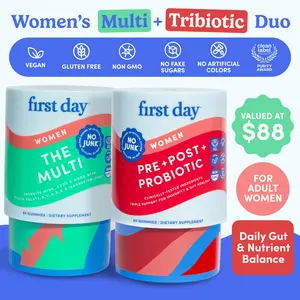 WOMEN'S DUO & SAVE (2-PK) - FIRST DAY Women’s Multivitamin + Tribiotic Gummies Bundle – Complete Daily Health Support – Vitamins A, C, D3, B12, Folate, Zinc + 3-in-1 Pre, Pro & Postbiotics – Gut, Skin, Hair & Immunity – 30-Day Supply