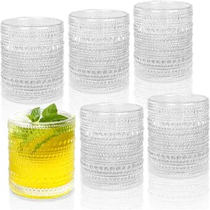 10 oz Hobnail Cocktail Drinking Glasses Set of 6, Vintage Glassware, Textured Bubble Glass Cups, Clear Old Fashion Water Glasses Set