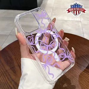 Minimalist Purple Bow Pattern Magnetic Phone Case for iPhone 15 16 14 Pro Max 13 12 11 XR XS Plus E Non-Yellowing Clear Crystal Drop-proof Slim Silicone Shockproof Transparent Acrylic Large Hole Cover Supports Wireless Charging